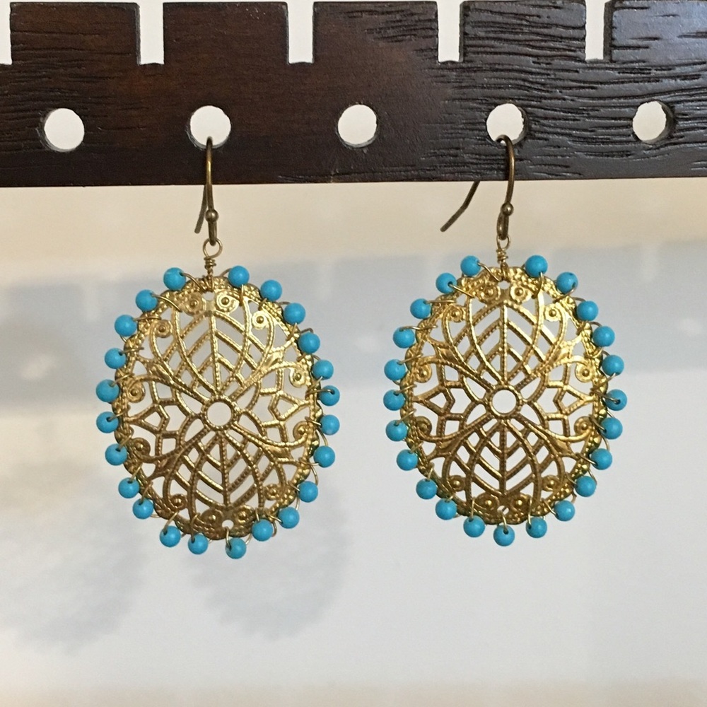 Anthropologie gold dangle earrings blue beads